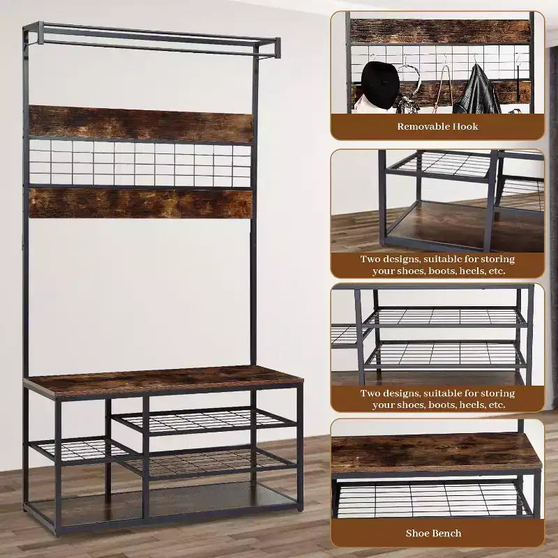 Modern 39.9 Entryway Coat Rack with Storage Shelves& Sturdy Frame,Freestanding Coat Rack Stand for Living Room/Bedroom/Entryway