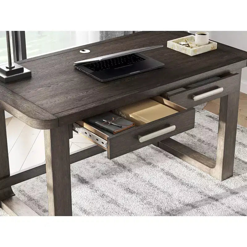 Home Office Desk with 2 Drawers, Dark Brown Wood Finish and Cord Management Cutout