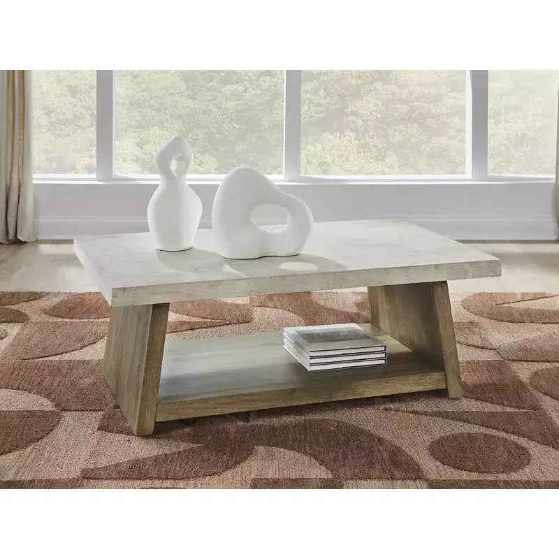 Coffee Table, Light Brown Mango Wood with Faux Cement Top, Rolling Casters and Bottom Shelf Storage