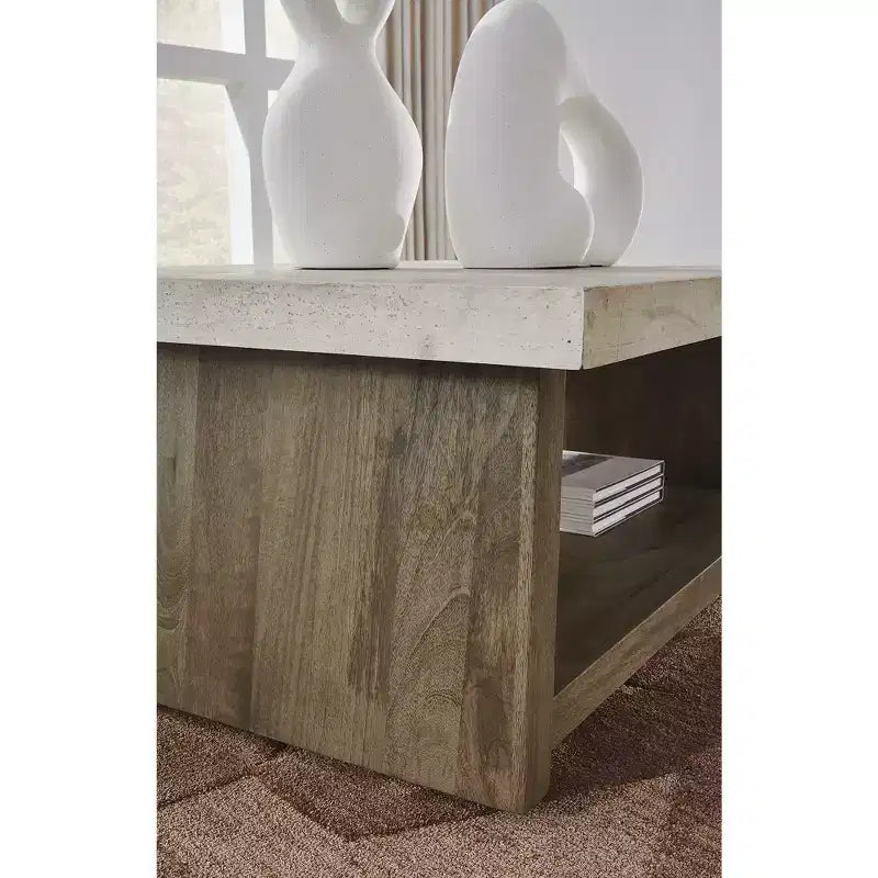 Coffee Table, Light Brown Mango Wood with Faux Cement Top, Rolling Casters and Bottom Shelf Storage