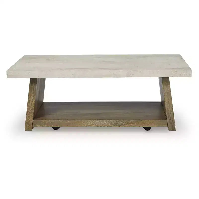 Coffee Table, Light Brown Mango Wood with Faux Cement Top, Rolling Casters and Bottom Shelf Storage