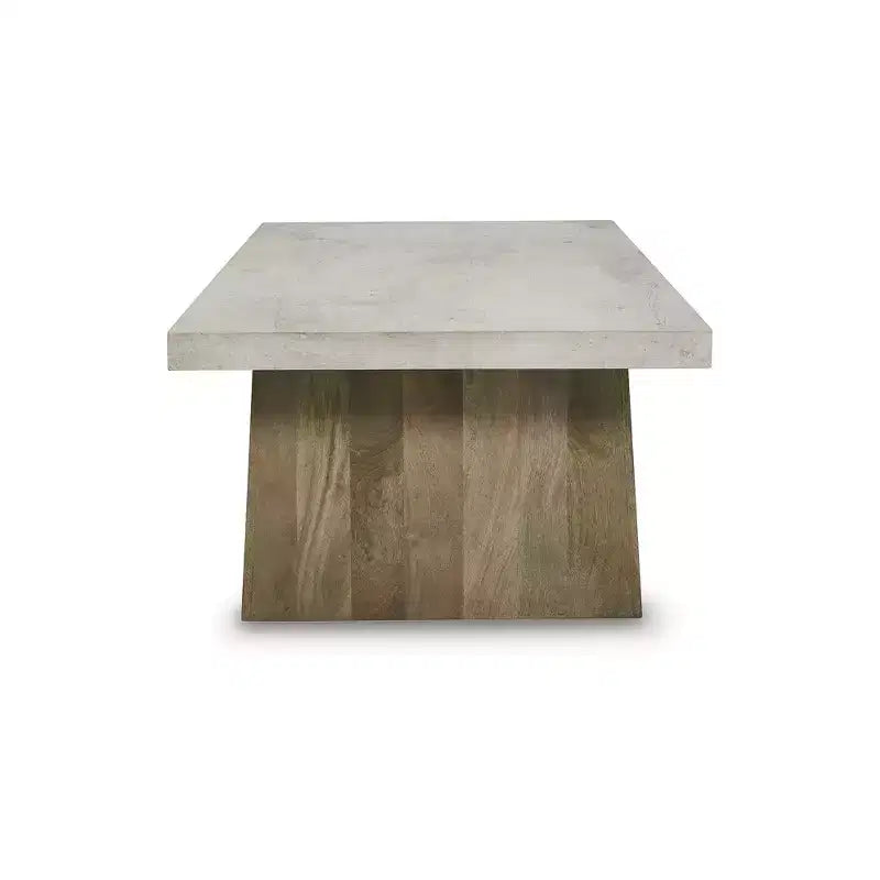 Coffee Table, Light Brown Mango Wood with Faux Cement Top, Rolling Casters and Bottom Shelf Storage