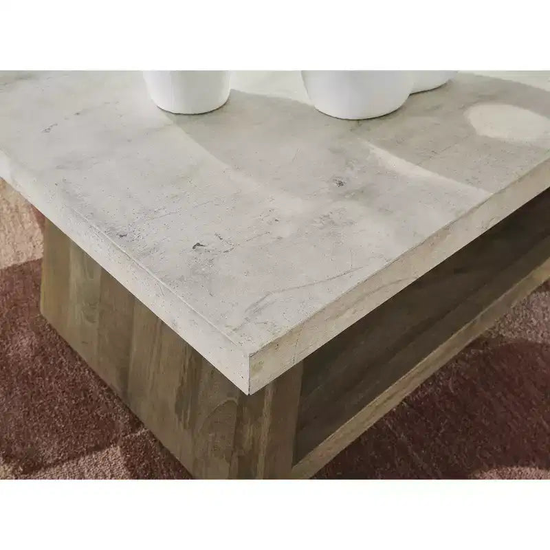 Coffee Table, Light Brown Mango Wood with Faux Cement Top, Rolling Casters and Bottom Shelf Storage