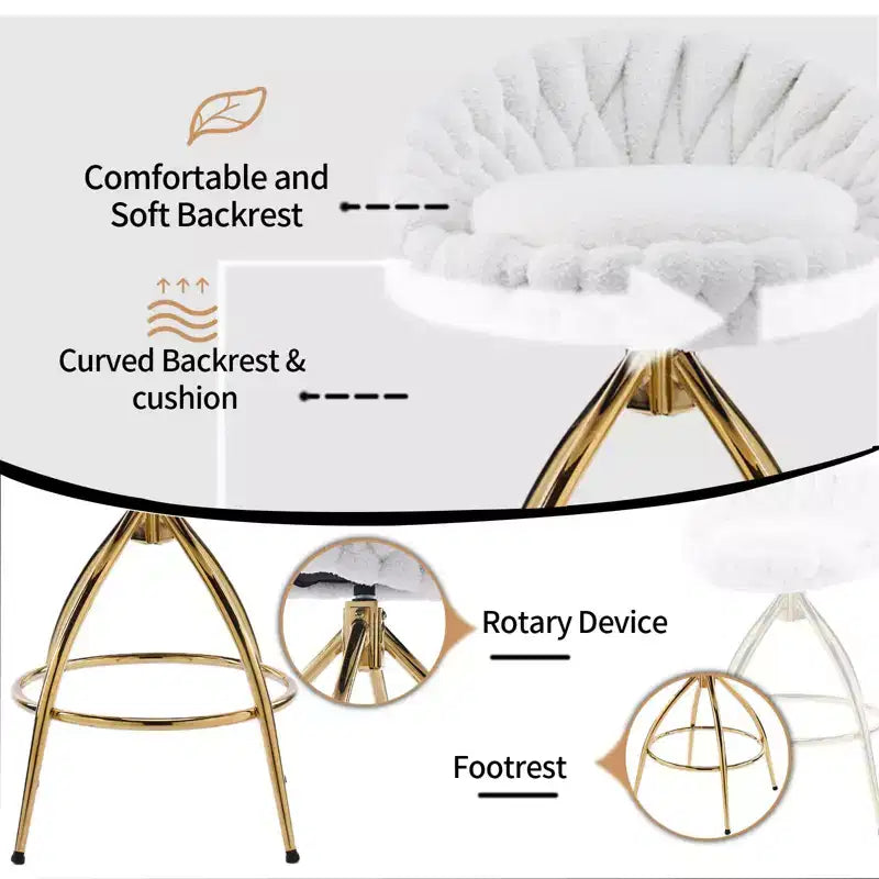 2-Piece White Swivel Bar Stools with Teddy Fleece and Electro-Plated Gold Iron Legs