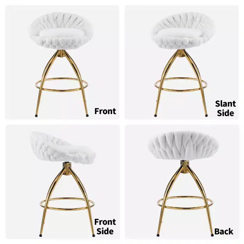 2-Piece White Swivel Bar Stools with Teddy Fleece and Electro-Plated Gold Iron Legs