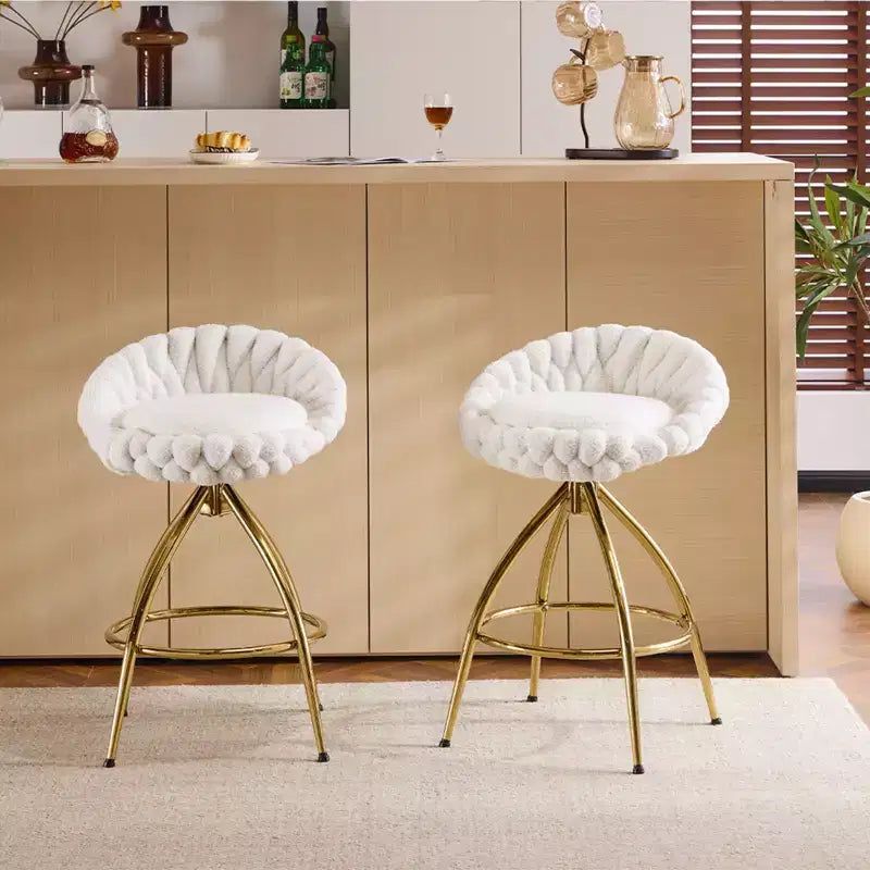 2-Piece White Swivel Bar Stools with Teddy Fleece and Electro-Plated Gold Iron Legs