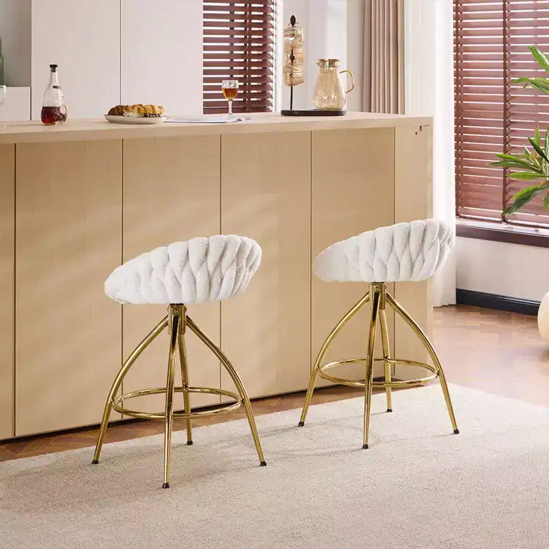 2-Piece White Swivel Bar Stools with Teddy Fleece and Electro-Plated Gold Iron Legs