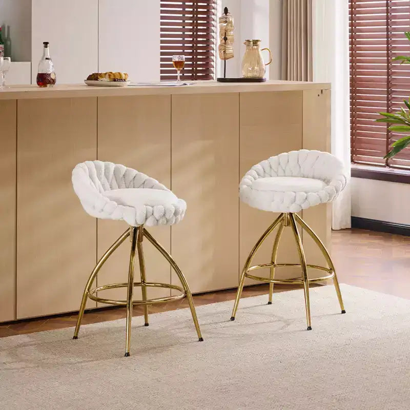 2-Piece White Swivel Bar Stools with Teddy Fleece and Electro-Plated Gold Iron Legs