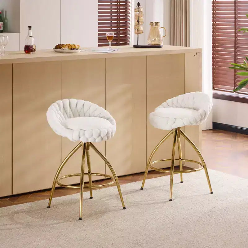 2-Piece White Swivel Bar Stools with Teddy Fleece and Electro-Plated Gold Iron Legs