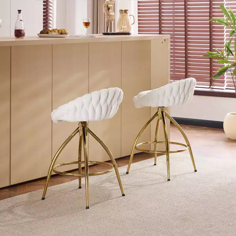 2-Piece White Swivel Bar Stools with Teddy Fleece and Electro-Plated Gold Iron Legs