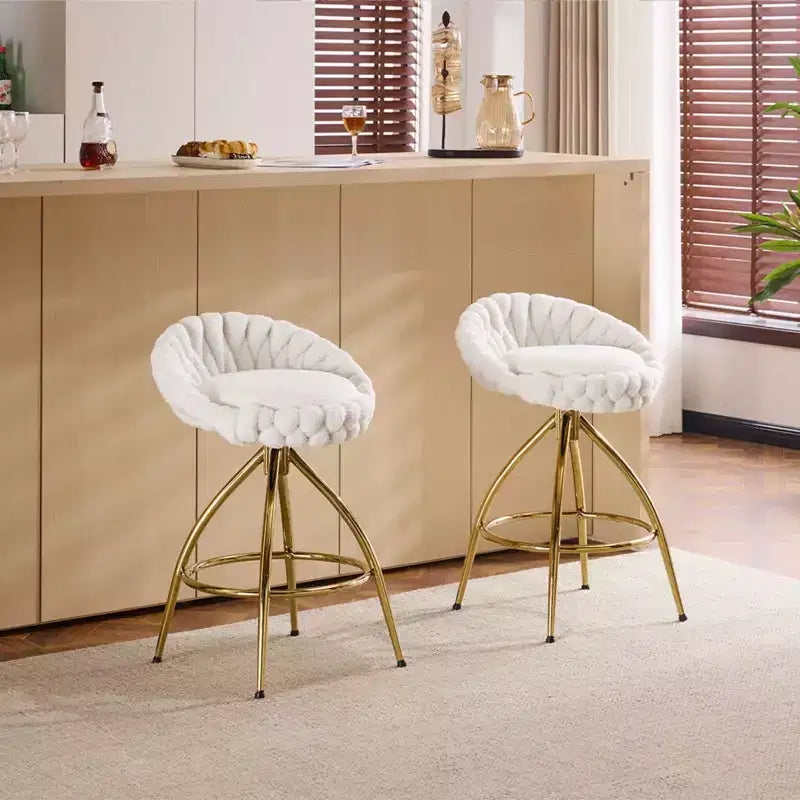 2-Piece White Swivel Bar Stools with Teddy Fleece and Electro-Plated Gold Iron Legs