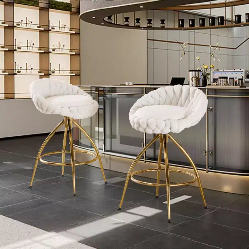 2-Piece White Swivel Bar Stools with Teddy Fleece and Electro-Plated Gold Iron Legs