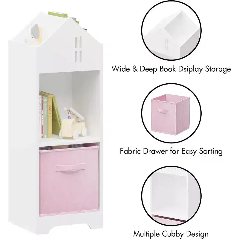 Kids Bookcase, Toddler Bookshelf, 2-Tier Storage Display Organizer, for Boys Girls Bedroom, Playroom, House, Collapsible Fabric Drawers