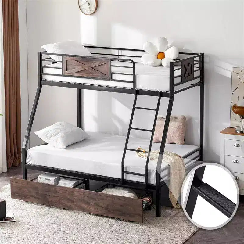 Twin Over Full Bunk Bed with 2 Storage Drawers, Heavy Duty Metal Slat Support, No Box Spring Needed