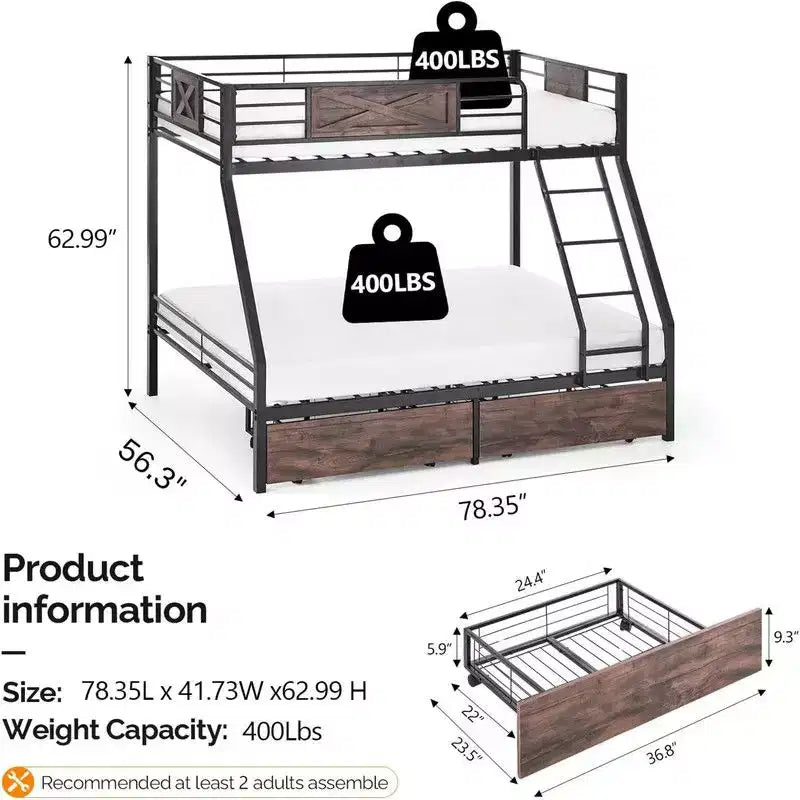 Twin Over Full Bunk Bed with 2 Storage Drawers, Heavy Duty Metal Slat Support, No Box Spring Needed