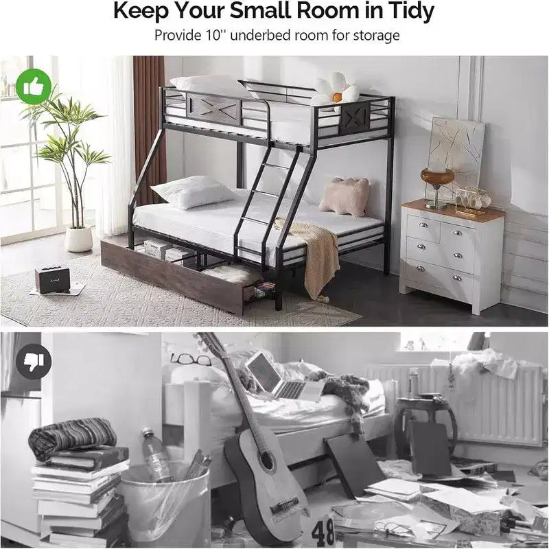 Twin Over Full Bunk Bed with 2 Storage Drawers, Heavy Duty Metal Slat Support, No Box Spring Needed