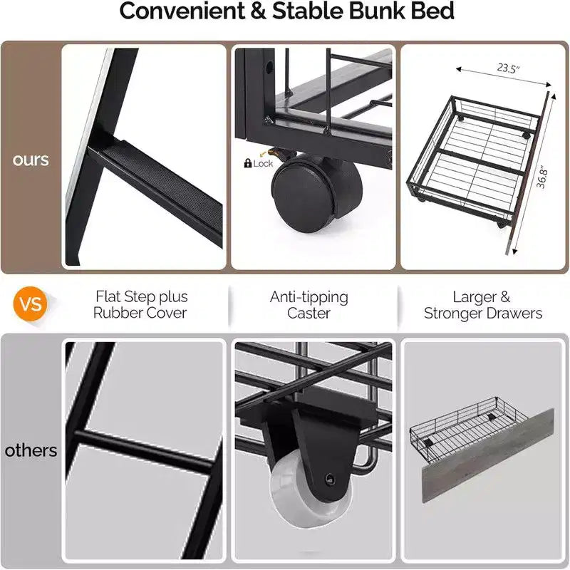 Twin Over Full Bunk Bed with 2 Storage Drawers, Heavy Duty Metal Slat Support, No Box Spring Needed