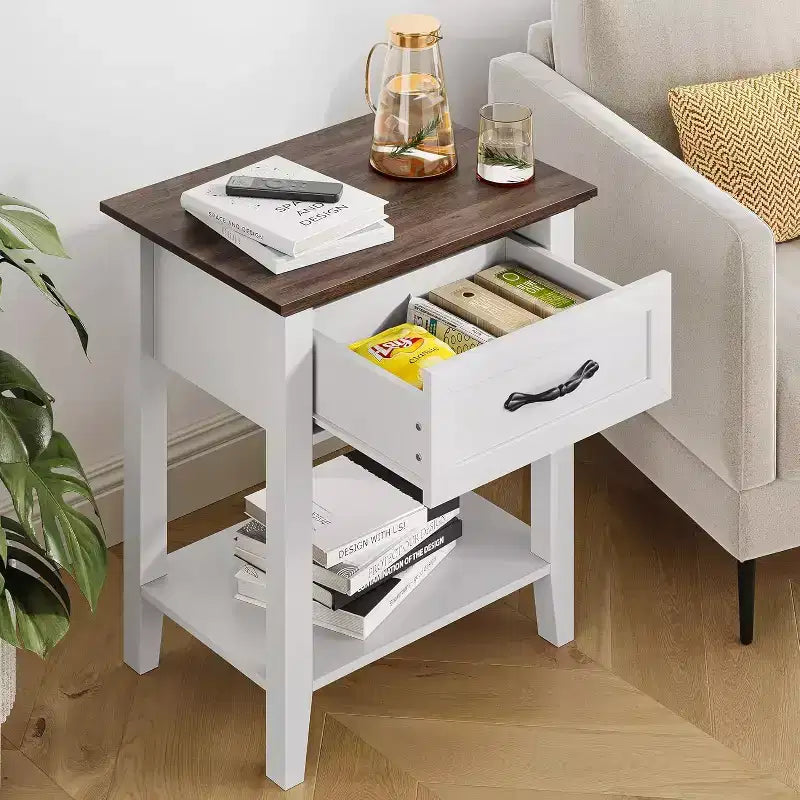 Nightstand End Table with Drawer and 2-Tier Storage Shelves, Bedside Table
