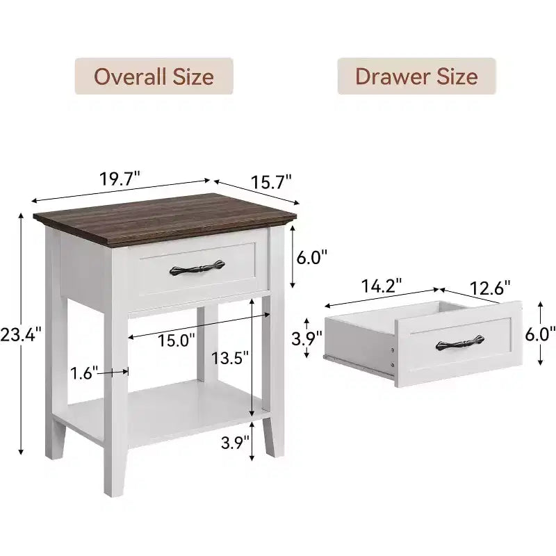 Nightstand End Table with Drawer and 2-Tier Storage Shelves, Bedside Table