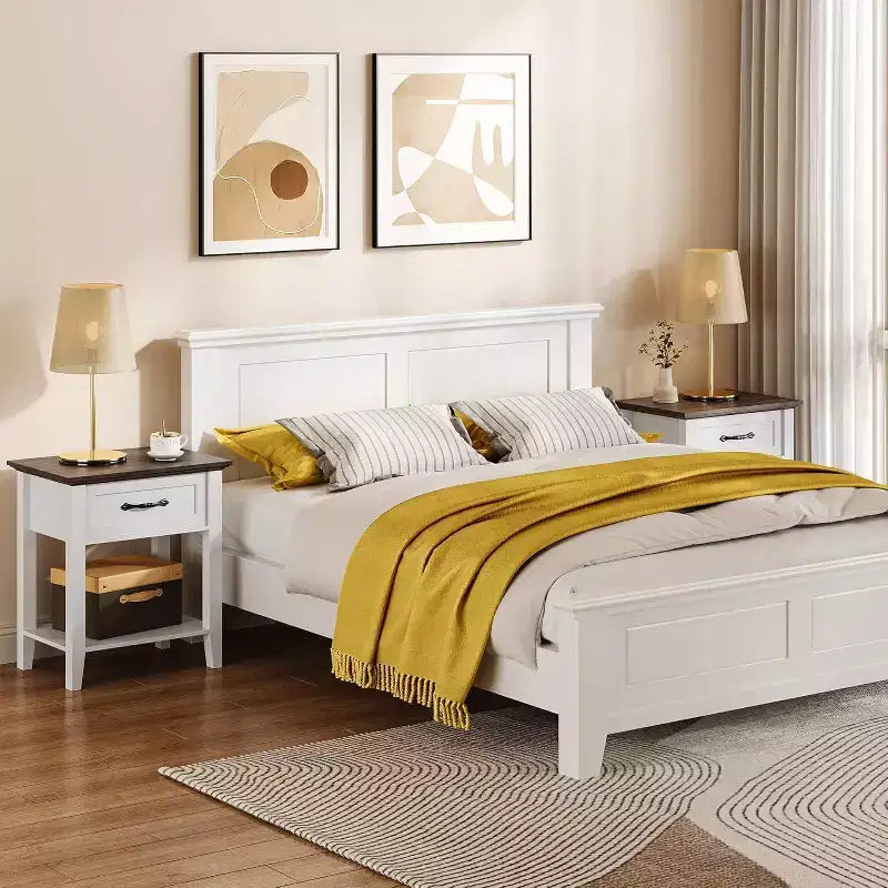 Nightstand End Table with Drawer and 2-Tier Storage Shelves, Bedside Table