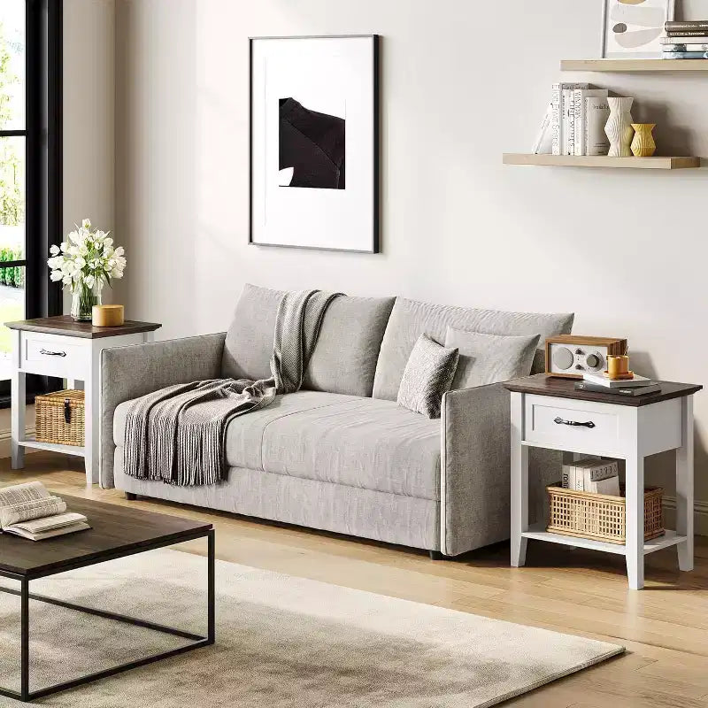 Nightstand End Table with Drawer and 2-Tier Storage Shelves, Bedside Table
