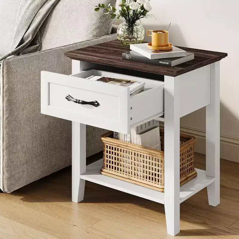 Nightstand End Table with Drawer and 2-Tier Storage Shelves, Bedside Table