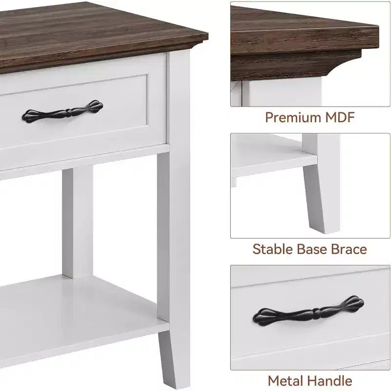Nightstand End Table with Drawer and 2-Tier Storage Shelves, Bedside Table