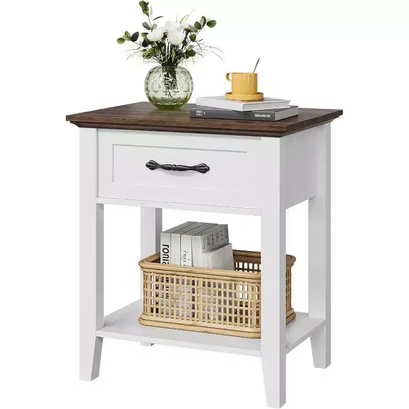 Nightstand End Table with Drawer and 2-Tier Storage Shelves, Bedside Table