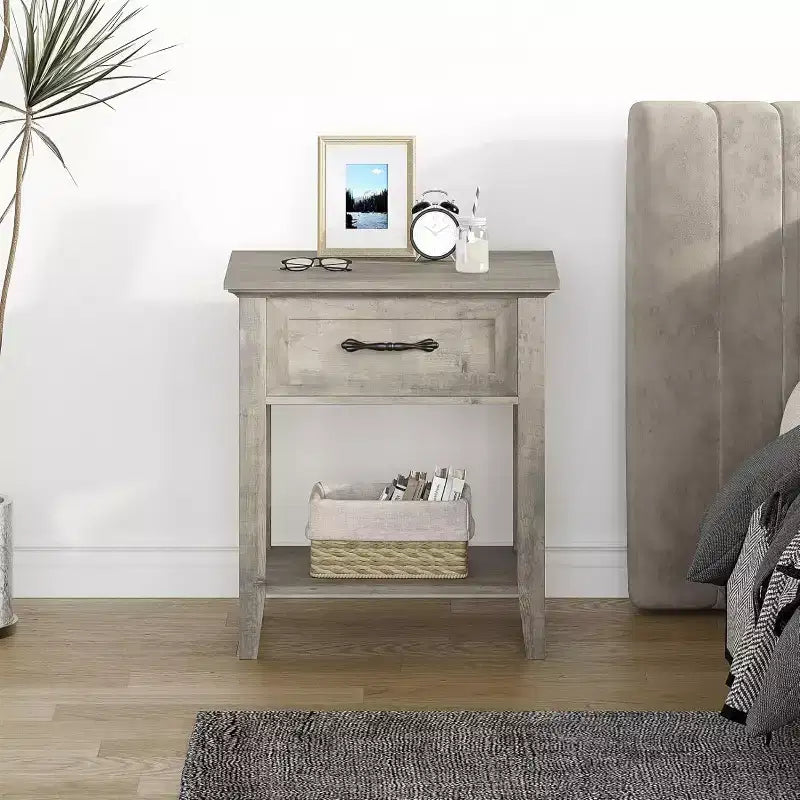 Nightstand End Table with Drawer and 2-Tier Storage Shelves, Bedside Table