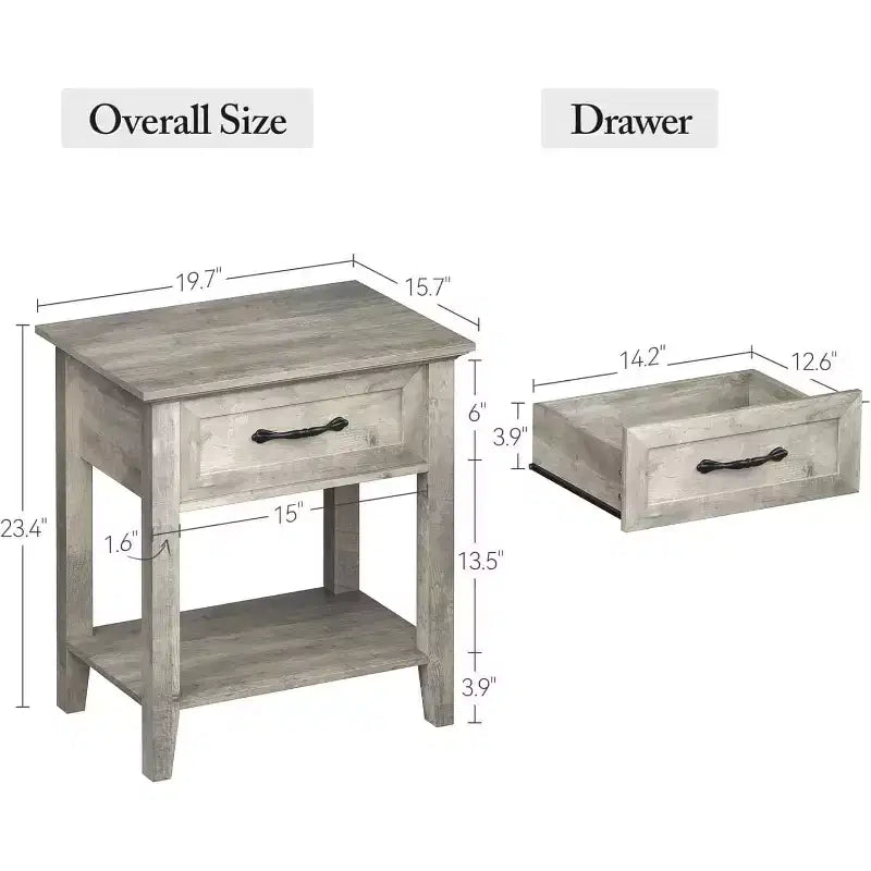 Nightstand End Table with Drawer and 2-Tier Storage Shelves, Bedside Table