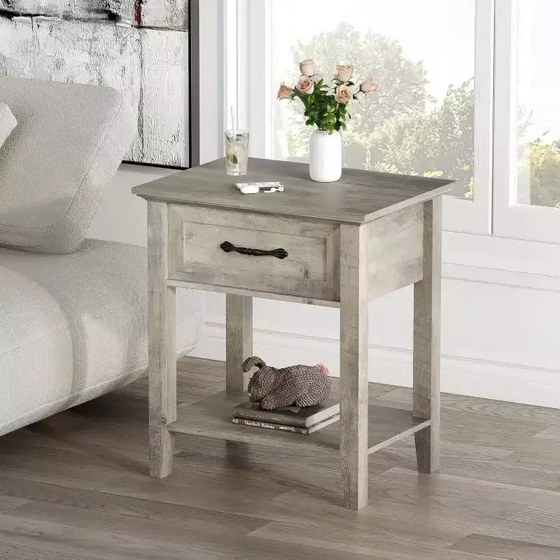 Nightstand End Table with Drawer and 2-Tier Storage Shelves, Bedside Table