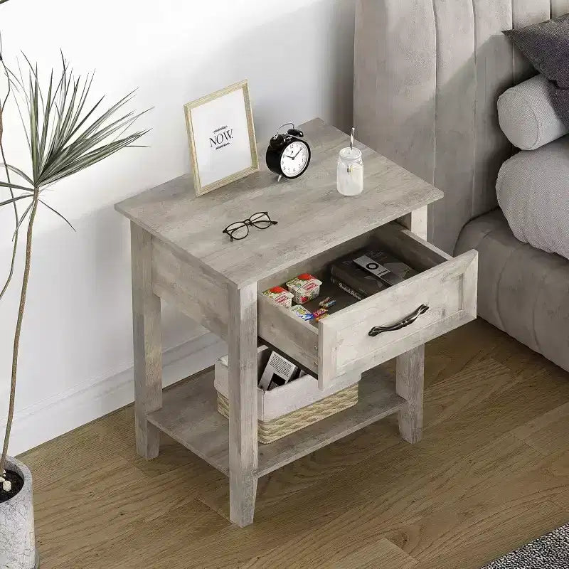 Nightstand End Table with Drawer and 2-Tier Storage Shelves, Bedside Table