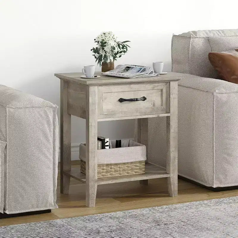 Nightstand End Table with Drawer and 2-Tier Storage Shelves, Bedside Table