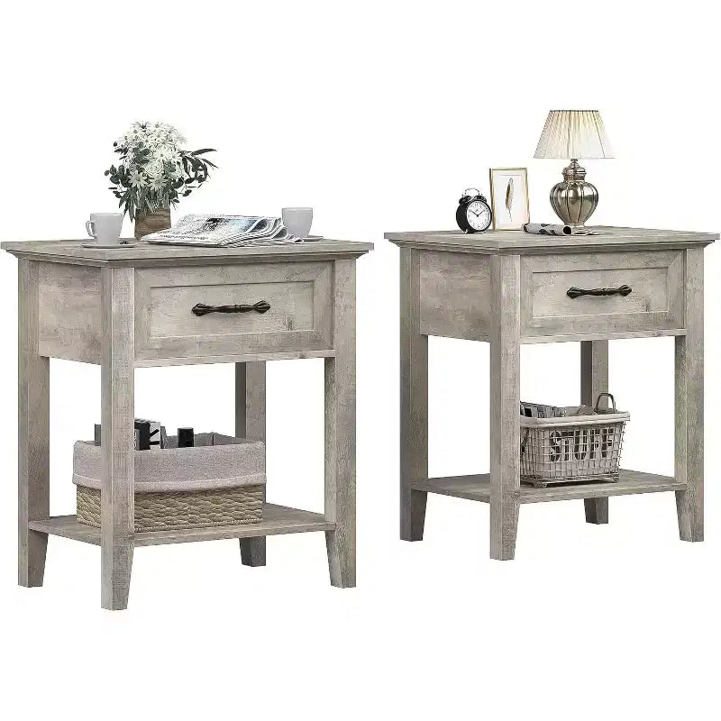 Nightstand End Table with Drawer and 2-Tier Storage Shelves, Bedside Table