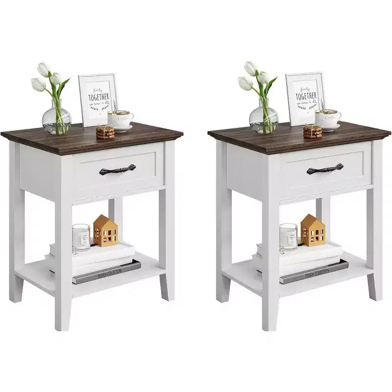 Nightstand End Table with Drawer and 2-Tier Storage Shelves, Bedside Table