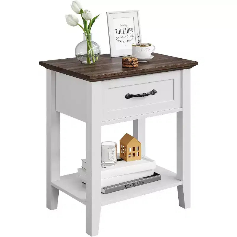 Nightstand End Table with Drawer and 2-Tier Storage Shelves, Bedside Table