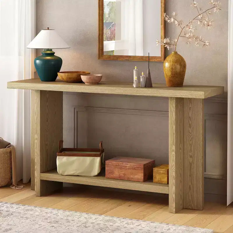 Vintage-Inspired Ash Wood Veneer Console Table with T-Leg