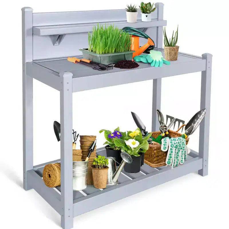 Outdoor Indoor Maintenance-Free Vinyl Garden Potting Bench with Open Shelf and Lower Storage, Gray