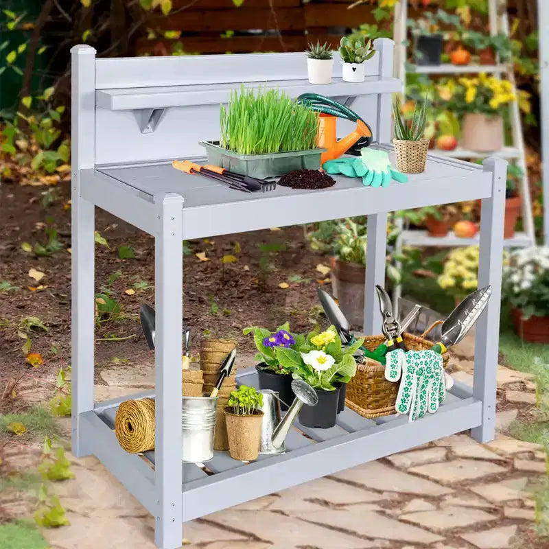 Outdoor Indoor Maintenance-Free Vinyl Garden Potting Bench with Open Shelf and Lower Storage, Gray