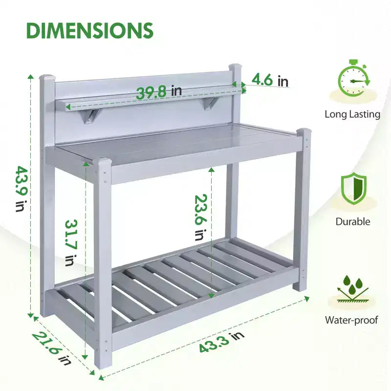Outdoor Indoor Maintenance-Free Vinyl Garden Potting Bench with Open Shelf and Lower Storage, Gray