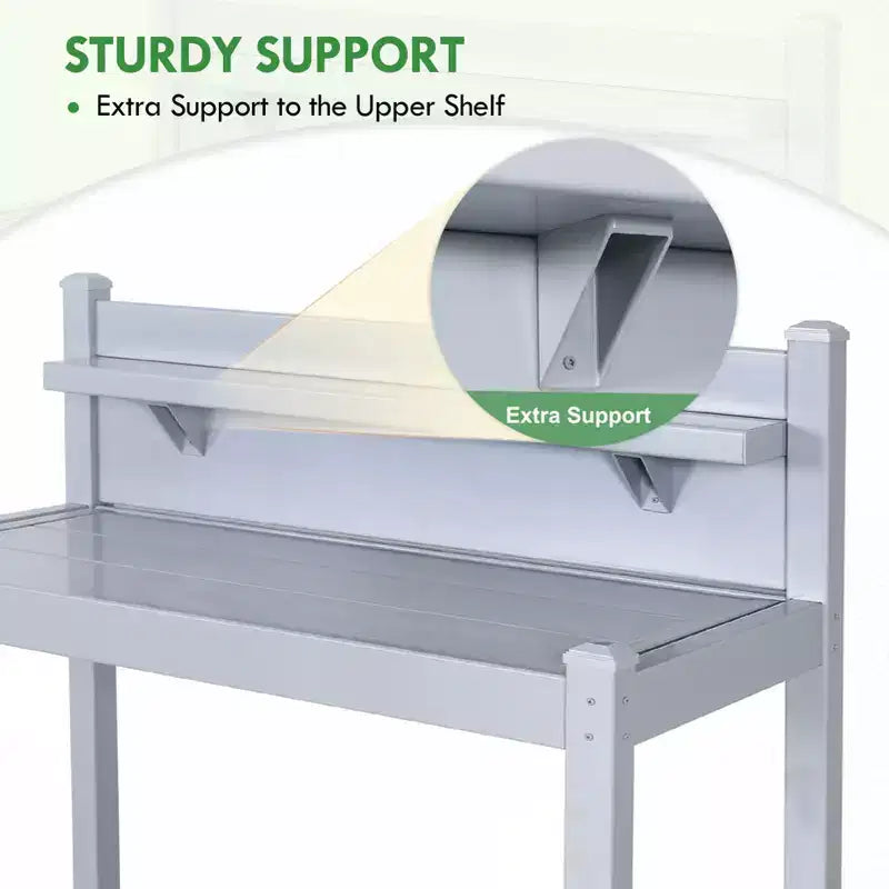 Outdoor Indoor Maintenance-Free Vinyl Garden Potting Bench with Open Shelf and Lower Storage, Gray