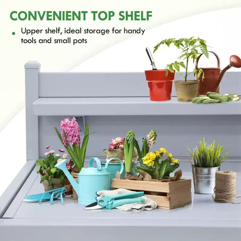 Outdoor Indoor Maintenance-Free Vinyl Garden Potting Bench with Open Shelf and Lower Storage, Gray