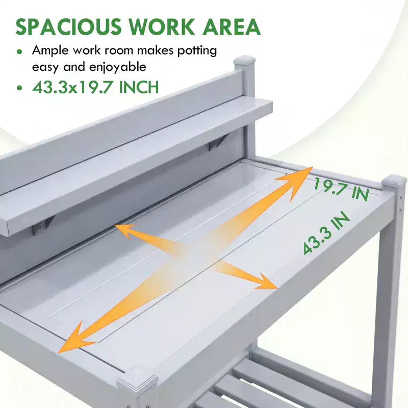 Outdoor Indoor Maintenance-Free Vinyl Garden Potting Bench with Open Shelf and Lower Storage, Gray