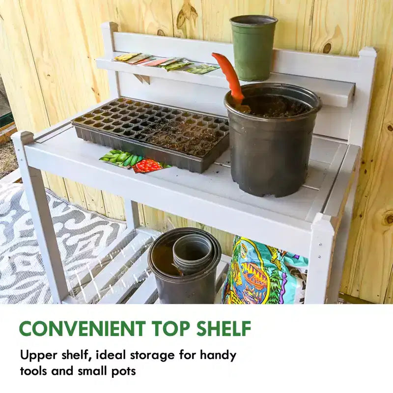 Outdoor Indoor Maintenance-Free Vinyl Garden Potting Bench with Open Shelf and Lower Storage, Gray
