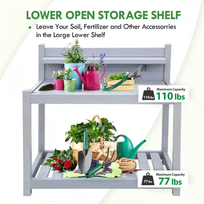 Outdoor Indoor Maintenance-Free Vinyl Garden Potting Bench with Open Shelf and Lower Storage, Gray