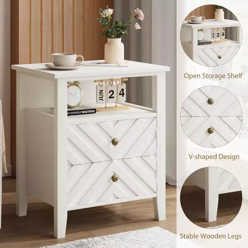 LED Farmhouse Nightstand with 2 Storage Drawers and Open Shelf, Rustic Bedside Table for Bedroom Living Room