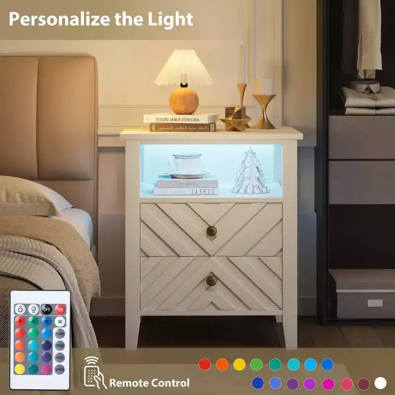 LED Farmhouse Nightstand with 2 Storage Drawers and Open Shelf, Rustic Bedside Table for Bedroom Living Room