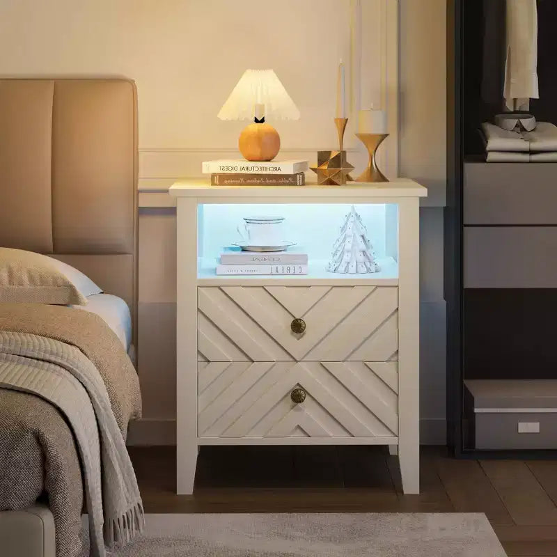 LED Farmhouse Nightstand with 2 Storage Drawers and Open Shelf, Rustic Bedside Table for Bedroom Living Room