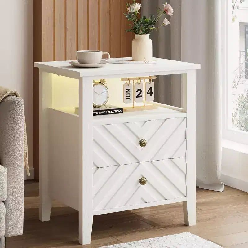 LED Farmhouse Nightstand with 2 Storage Drawers and Open Shelf, Rustic Bedside Table for Bedroom Living Room