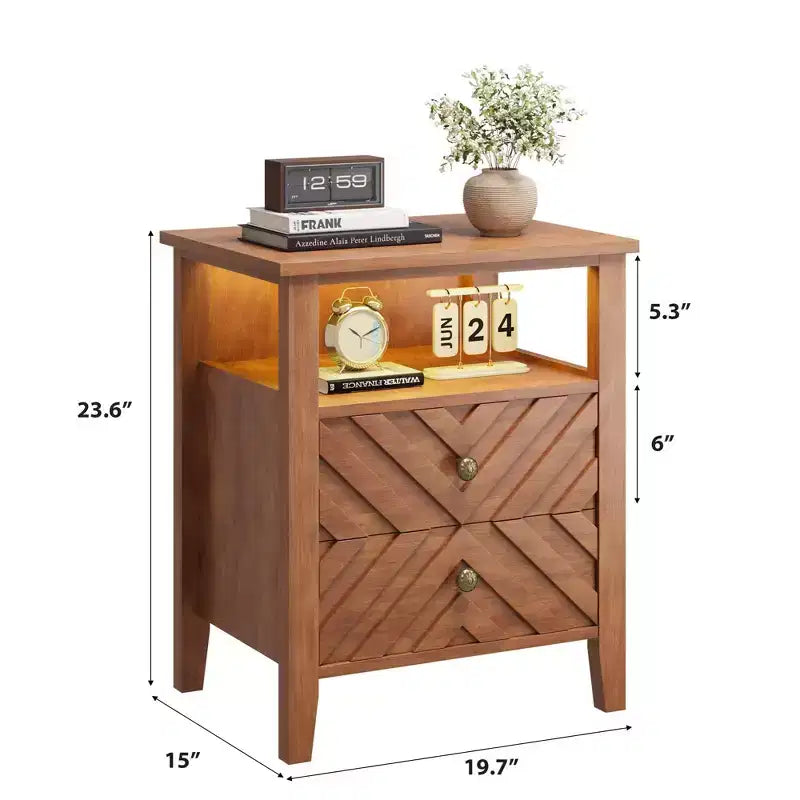 LED Farmhouse Nightstand with 2 Storage Drawers and Open Shelf, Rustic Bedside Table for Bedroom Living Room